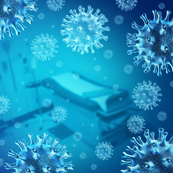 virus illustrations surrounding hospital bed